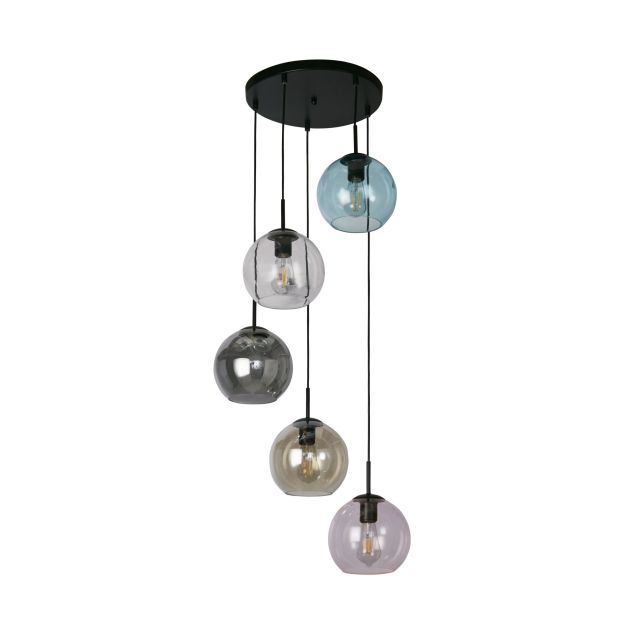 Searchlight Mardi Gras II - hanglamp - Ø 51 x 120 cm - mat zwart en gekleurd glas