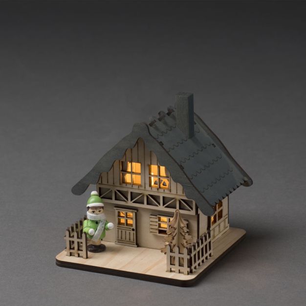 Konstsmide kerstverlichting - houten huis op batterijen - 12 x 11 x 12 cm - bruin