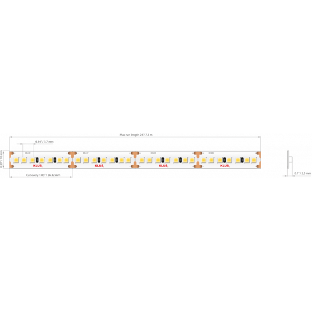 Klus LED strip - 1cm breed, 500cm lengte - 24Vdc - 9,3W LED per meter - 265 LEDs per meter - IP20 - 3000K