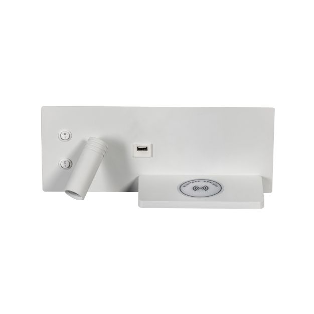 ETH Nighty Left - wandverlichting met  dubbele schakelaar en USB en draadloos opladen - 30 x 12 cm - 7W LED incl. - wit