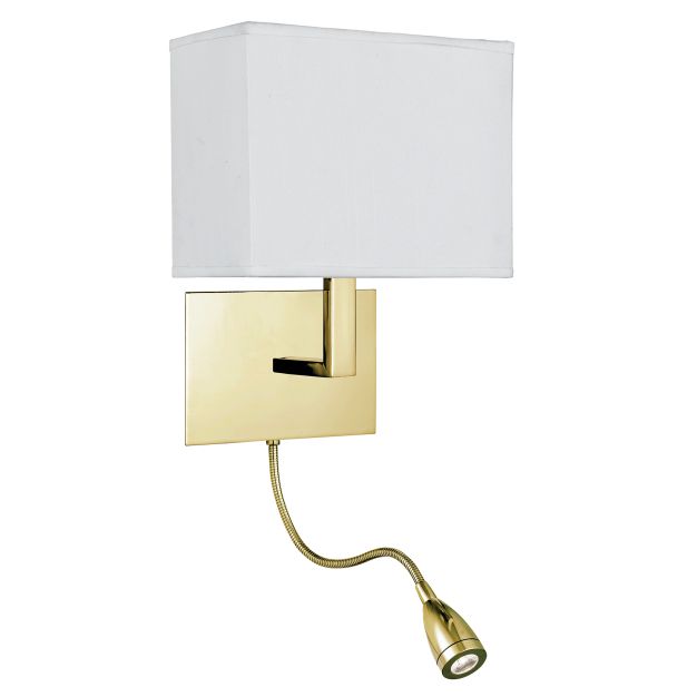 Searchlight Hotel - wandlamp met leeslamp - 20 x 26 cm - E27 + 1,45W LED incl. - satijn messing en wit